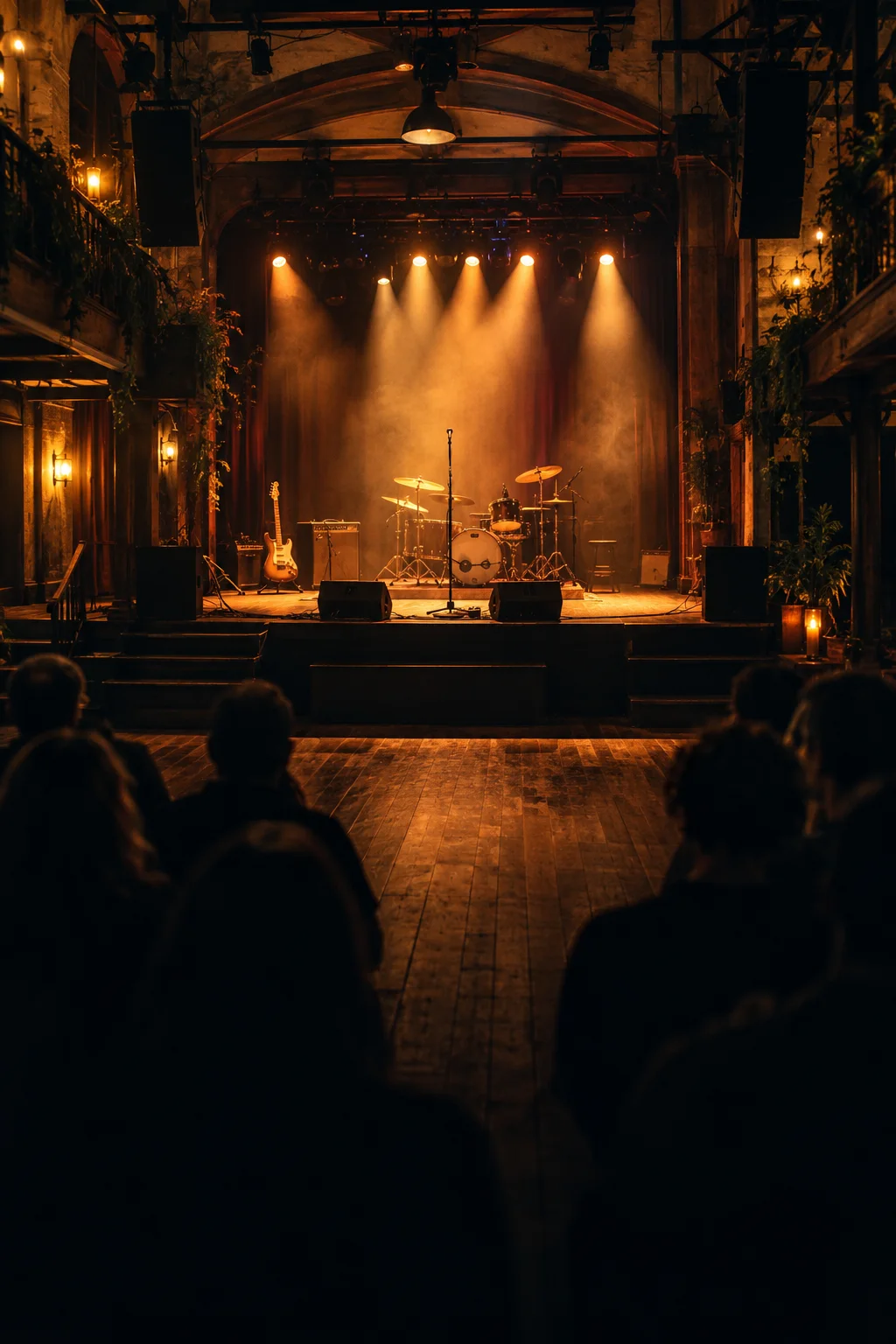 Une salle de concert intimiste et sa scène éclairée de projecteurs ambrés