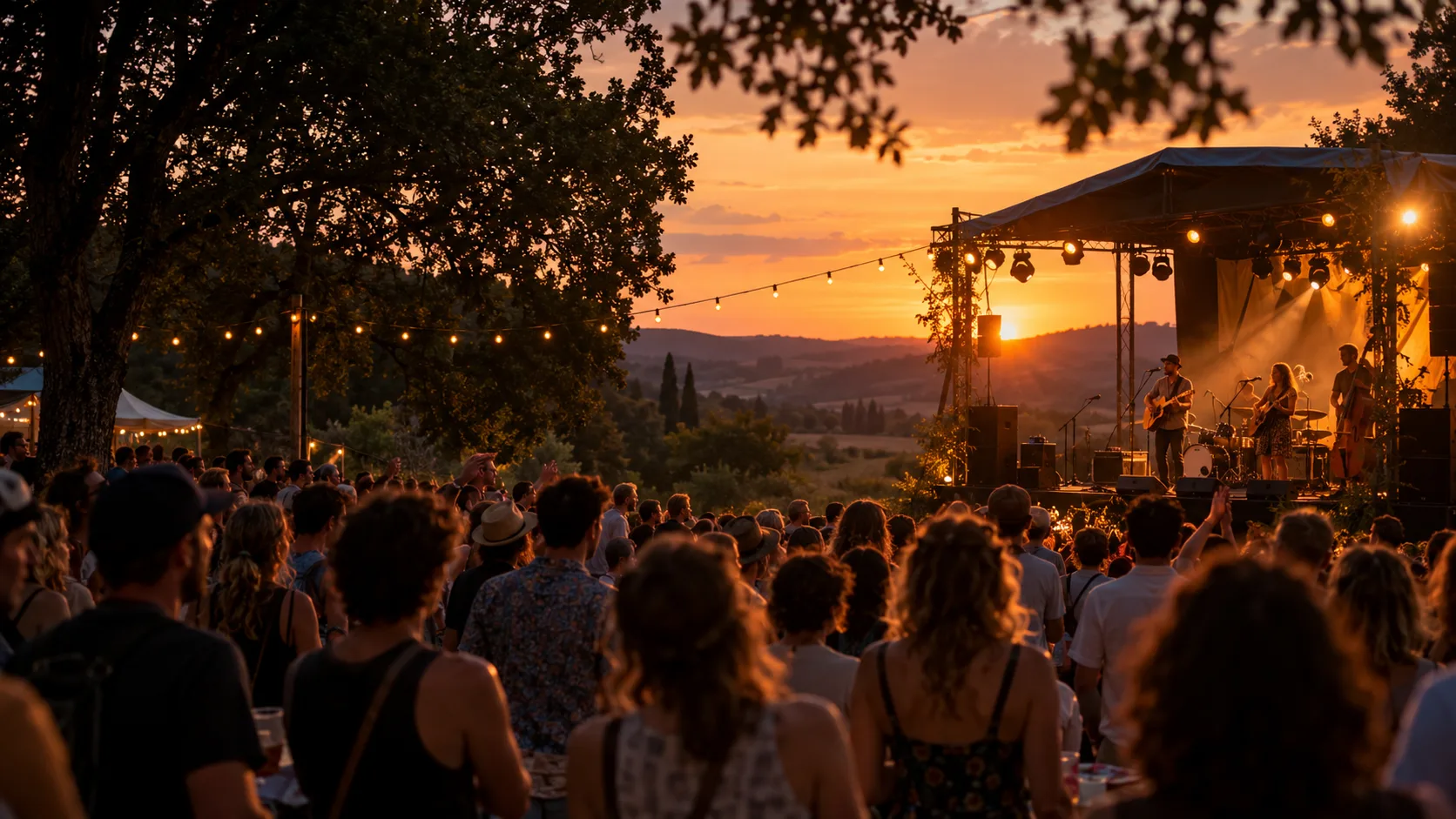 Un groupe retrouve le public d’un festival en plein air au coucher du soleil